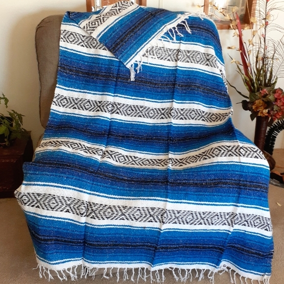 Molina Other - MOLINA Blue Classic Fringed Mexican Falsa Blanket